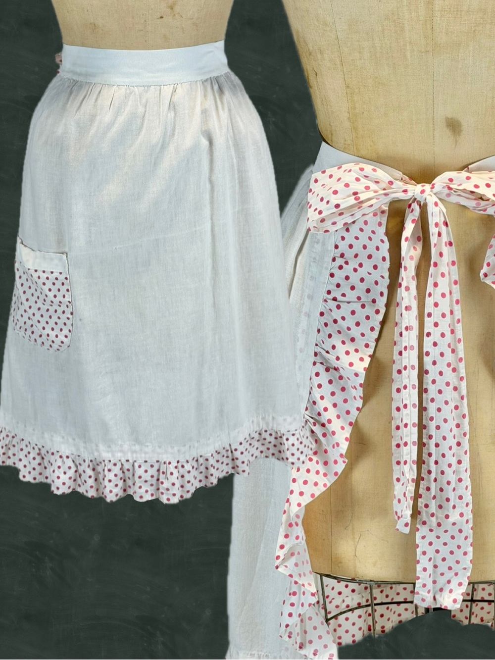 VINTAGE MCM ruffle half apron tie back kitchen household chore baking‎ hostess